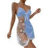 imageWomens Mesh Floral Embroidery Lace Trim Sheer Chemise Sleep Dresses Babydoll Nightgown Satin Slip DressLight Blue