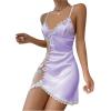 imageWomens Mesh Floral Embroidery Lace Trim Sheer Chemise Sleep Dresses Babydoll Nightgown Satin Slip DressMauve Purple