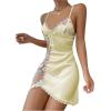 imageWomens Mesh Floral Embroidery Lace Trim Sheer Chemise Sleep Dresses Babydoll Nightgown Satin Slip DressYellow