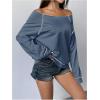 imageWomens Off The Shoulder Sweatshirts Long Sleeve Pullover Tops Trendy Y2k Fall TopsBlue