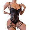 imageWomens PU Lace Up Hollow Out Underwire Corset Lingerie Contrast Lace Sheer Teddy Bodysuit with GarterBlack