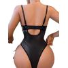 imageWomens PU Lace Up Hollow Out Underwire Corset Lingerie Contrast Lace Sheer Teddy Bodysuit with GarterBlack