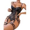 imageWomens PU Lace Up Hollow Out Underwire Corset Lingerie Contrast Lace Sheer Teddy Bodysuit with GarterBlack