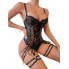 imageWomens PU Lace Up Hollow Out Underwire Corset Lingerie Contrast Lace Sheer Teddy Bodysuit with GarterBlack