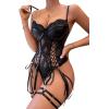 imageWomens PU Lace Up Hollow Out Underwire Corset Lingerie Contrast Lace Sheer Teddy Bodysuit with GarterBlack