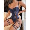 imageWomens PU Lace Up Hollow Out Underwire Corset Lingerie Contrast Lace Sheer Teddy Bodysuit with GarterDeep Blue