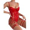 imageWomens PU Lace Up Hollow Out Underwire Corset Lingerie Contrast Lace Sheer Teddy Bodysuit with GarterRed