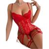 imageWomens PU Lace Up Hollow Out Underwire Corset Lingerie Contrast Lace Sheer Teddy Bodysuit with GarterRed