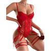 imageWomens PU Lace Up Hollow Out Underwire Corset Lingerie Contrast Lace Sheer Teddy Bodysuit with GarterRed