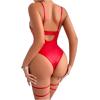 imageWomens PU Lace Up Hollow Out Underwire Corset Lingerie Contrast Lace Sheer Teddy Bodysuit with GarterRed