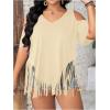 imageWomens Plus Size Fringe Hem V Neck Tops Short Sleeve Cold Shoulder T Shirts TopApricot