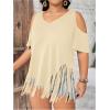 imageWomens Plus Size Fringe Hem V Neck Tops Short Sleeve Cold Shoulder T Shirts TopApricot