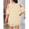 imageWomens Plus Size Fringe Hem V Neck Tops Short Sleeve Cold Shoulder T Shirts TopApricot