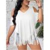 imageWomens Plus Size Fringe Hem V Neck Tops Short Sleeve Cold Shoulder T Shirts TopBeige