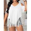 imageWomens Plus Size Fringe Hem V Neck Tops Short Sleeve Cold Shoulder T Shirts TopBeige