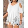 imageWomens Plus Size Fringe Hem V Neck Tops Short Sleeve Cold Shoulder T Shirts TopBeige