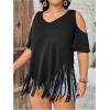 imageWomens Plus Size Fringe Hem V Neck Tops Short Sleeve Cold Shoulder T Shirts TopBlack