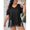 imageWomens Plus Size Fringe Hem V Neck Tops Short Sleeve Cold Shoulder T Shirts TopBlack