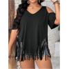 imageWomens Plus Size Fringe Hem V Neck Tops Short Sleeve Cold Shoulder T Shirts TopBlack