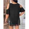 imageWomens Plus Size Fringe Hem V Neck Tops Short Sleeve Cold Shoulder T Shirts TopBlack