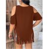 imageWomens Plus Size Fringe Hem V Neck Tops Short Sleeve Cold Shoulder T Shirts TopBrown