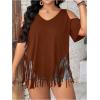 imageWomens Plus Size Fringe Hem V Neck Tops Short Sleeve Cold Shoulder T Shirts TopBrown