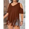 imageWomens Plus Size Fringe Hem V Neck Tops Short Sleeve Cold Shoulder T Shirts TopBrown