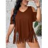 imageWomens Plus Size Fringe Hem V Neck Tops Short Sleeve Cold Shoulder T Shirts TopBrown