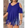 imageWomens Plus Size Fringe Hem V Neck Tops Short Sleeve Cold Shoulder T Shirts TopDeep Blue