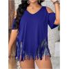 imageWomens Plus Size Fringe Hem V Neck Tops Short Sleeve Cold Shoulder T Shirts TopDeep Blue