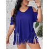 imageWomens Plus Size Fringe Hem V Neck Tops Short Sleeve Cold Shoulder T Shirts TopDeep Blue