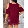 imageWomens Plus Size Fringe Hem V Neck Tops Short Sleeve Cold Shoulder T Shirts TopDeep Burgundy