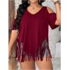 imageWomens Plus Size Fringe Hem V Neck Tops Short Sleeve Cold Shoulder T Shirts TopDeep Burgundy