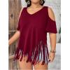 imageWomens Plus Size Fringe Hem V Neck Tops Short Sleeve Cold Shoulder T Shirts TopDeep Burgundy