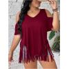 imageWomens Plus Size Fringe Hem V Neck Tops Short Sleeve Cold Shoulder T Shirts TopDeep Burgundy