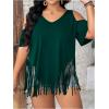 imageWomens Plus Size Fringe Hem V Neck Tops Short Sleeve Cold Shoulder T Shirts TopGreen