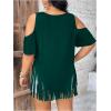 imageWomens Plus Size Fringe Hem V Neck Tops Short Sleeve Cold Shoulder T Shirts TopGreen