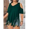 imageWomens Plus Size Fringe Hem V Neck Tops Short Sleeve Cold Shoulder T Shirts TopGreen