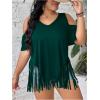 imageWomens Plus Size Fringe Hem V Neck Tops Short Sleeve Cold Shoulder T Shirts TopGreen