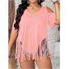 imageWomens Plus Size Fringe Hem V Neck Tops Short Sleeve Cold Shoulder T Shirts TopLight Pink