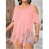 imageWomens Plus Size Fringe Hem V Neck Tops Short Sleeve Cold Shoulder T Shirts TopLight Pink