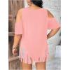 imageWomens Plus Size Fringe Hem V Neck Tops Short Sleeve Cold Shoulder T Shirts TopLight Pink