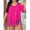 imageWomens Plus Size Fringe Hem V Neck Tops Short Sleeve Cold Shoulder T Shirts TopRed