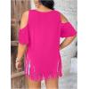 imageWomens Plus Size Fringe Hem V Neck Tops Short Sleeve Cold Shoulder T Shirts TopRed