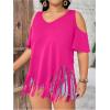 imageWomens Plus Size Fringe Hem V Neck Tops Short Sleeve Cold Shoulder T Shirts TopRed