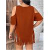 imageWomens Plus Size Fringe Hem V Neck Tops Short Sleeve Cold Shoulder T Shirts TopRust Brown
