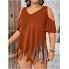 imageWomens Plus Size Fringe Hem V Neck Tops Short Sleeve Cold Shoulder T Shirts TopRust Brown