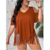 imageWomens Plus Size Fringe Hem V Neck Tops Short Sleeve Cold Shoulder T Shirts TopRust Brown