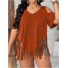 imageWomens Plus Size Fringe Hem V Neck Tops Short Sleeve Cold Shoulder T Shirts TopRust Brown