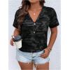 imageWomens Plus Size Tops Short Sleeve Camo Tee Loose Fit Half Button V Neck Tees ShirtsBlack